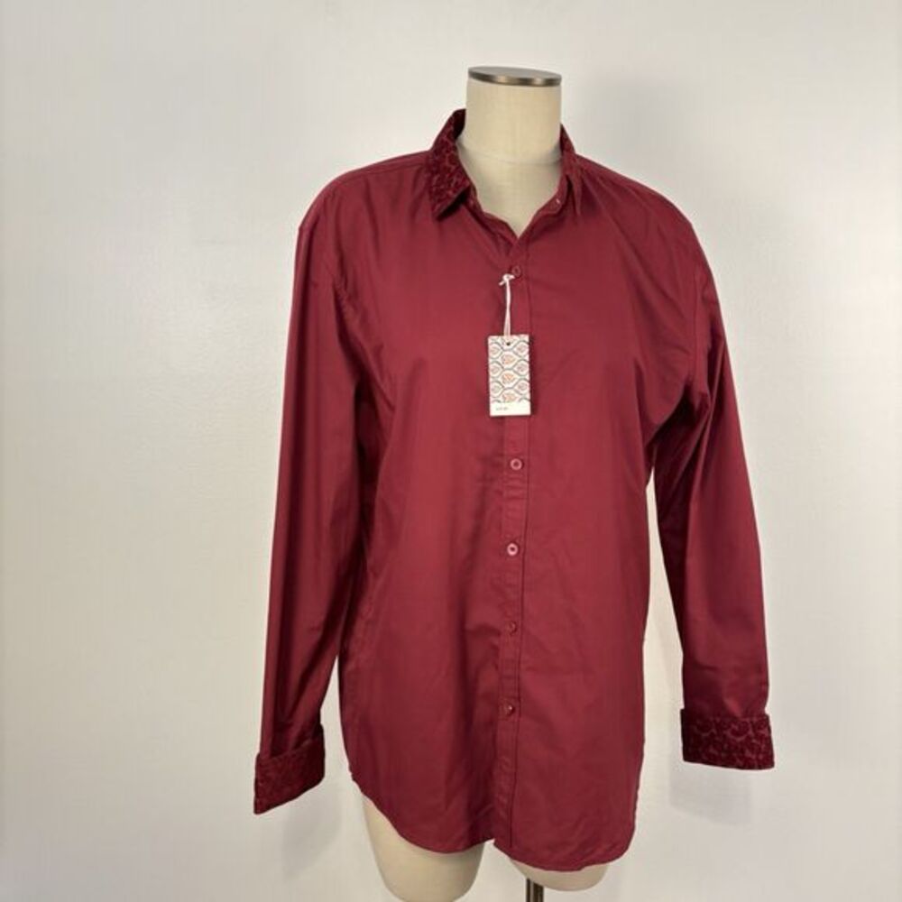 NWT Consequence Burgundy Button Up Shirt Large Paisley Velvet Collar and Cuffs